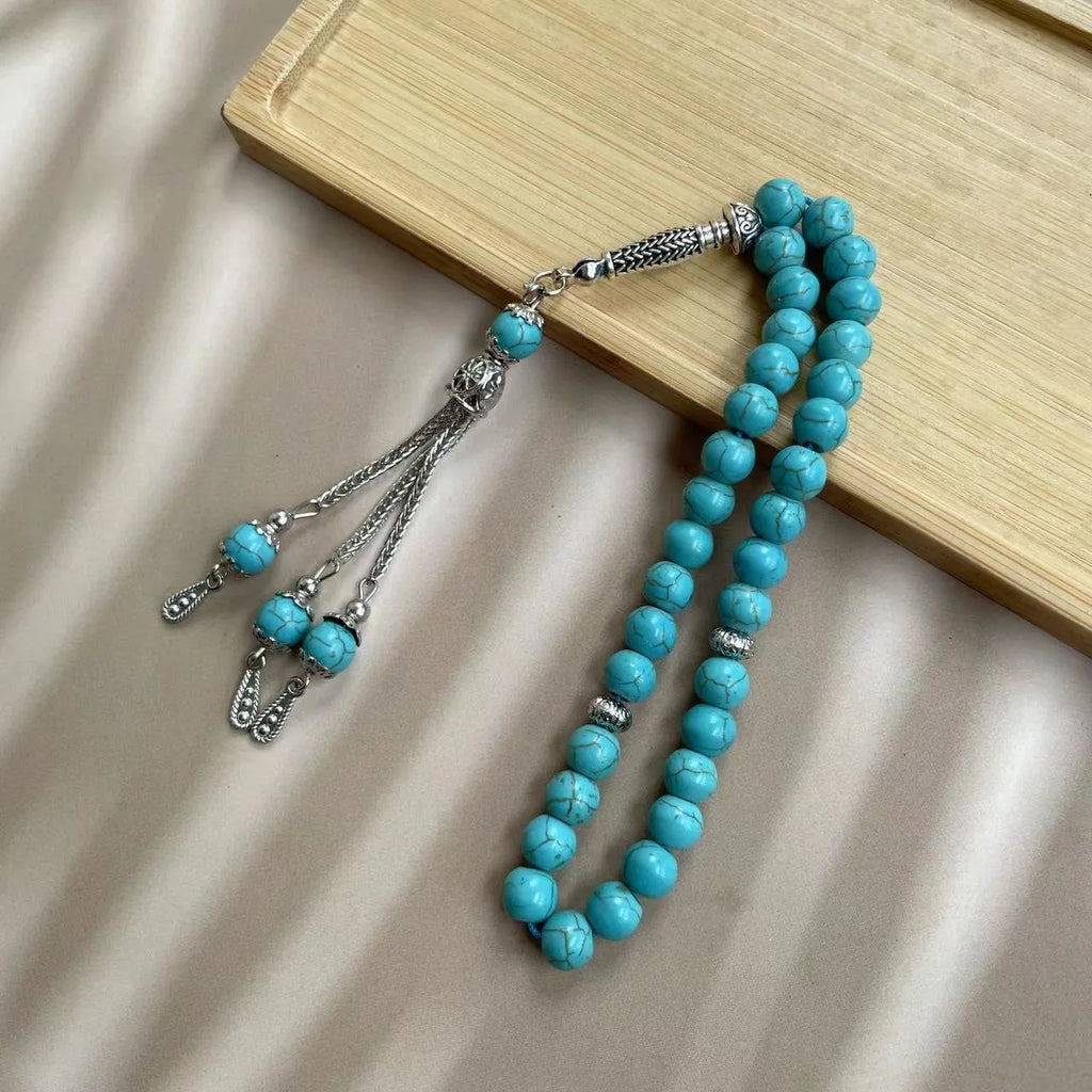 Handmade sky blue stone Muslim worship bracelet with 8mm beads on wrist