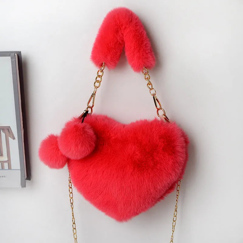 Soft plush heart-shaped women's handbag with zipper closure in various colours
