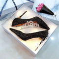 Women's silver and black bridal wedding shoes with crystal details and multiple heel heights