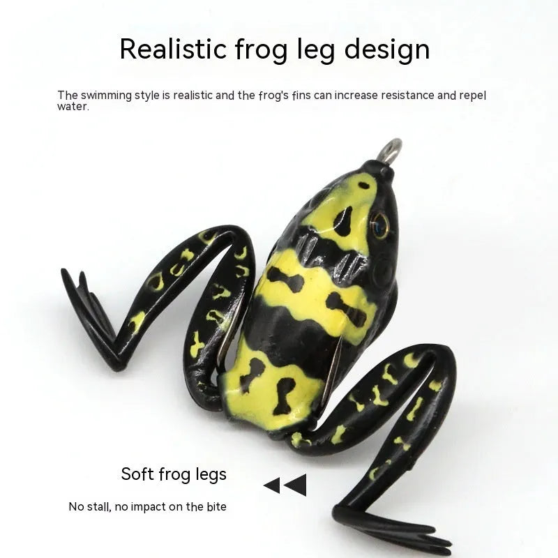 Bionic frog and snake head fishing lure with black thunder frog legs on a double hook