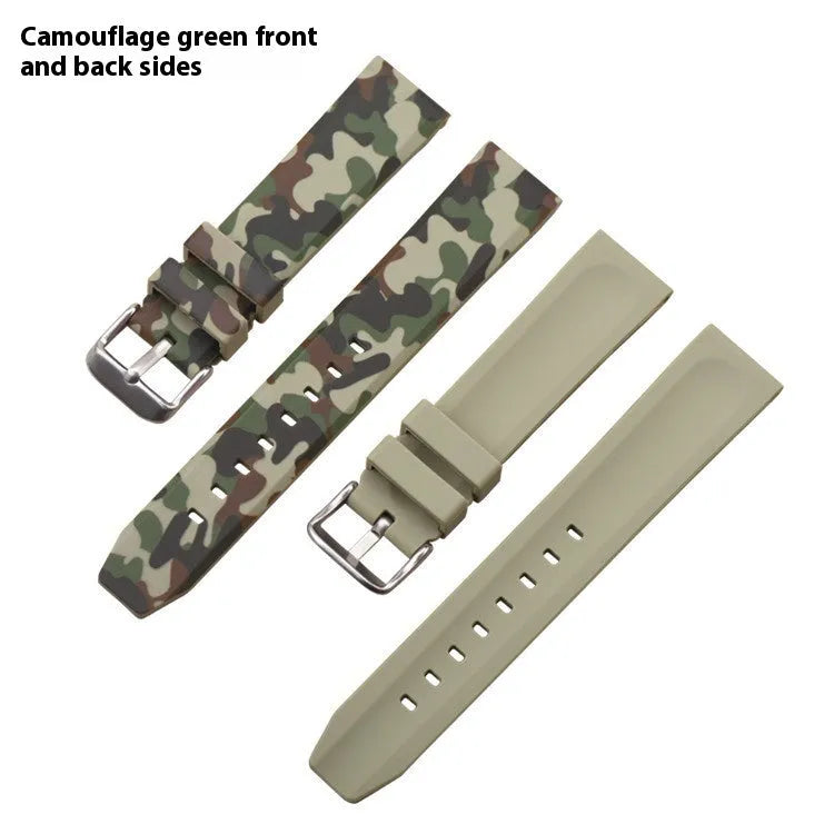 Blue camouflage silicone watch strap with flat head lugs for universal fit.