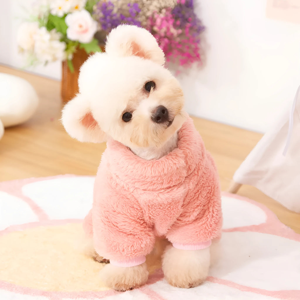 Blue double-sided plush dog clothing with high collar and towing ring on model dog