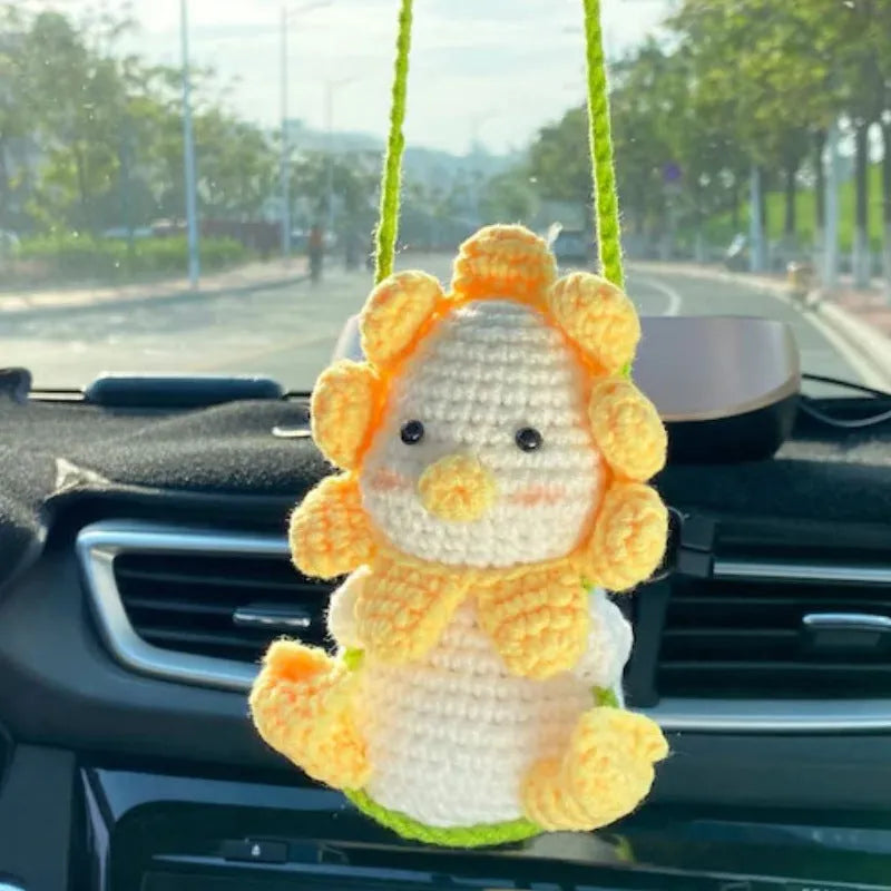 Green and white knitted car plant decoration with hanging rope on 8cm plastic base