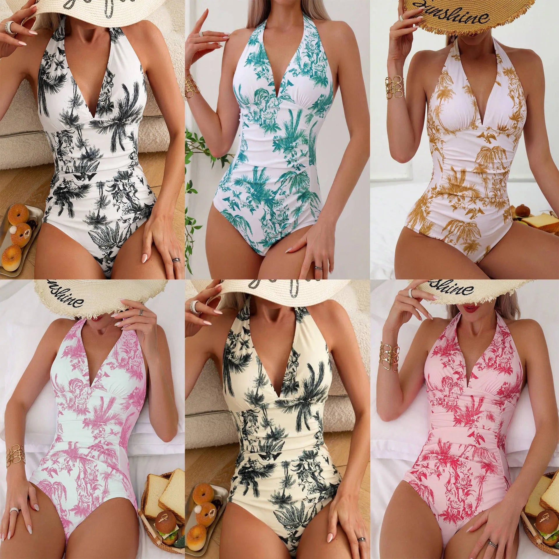 Women's printed V-neck one-piece swimsuit in polyester fabric, shown in one of seven available colours.