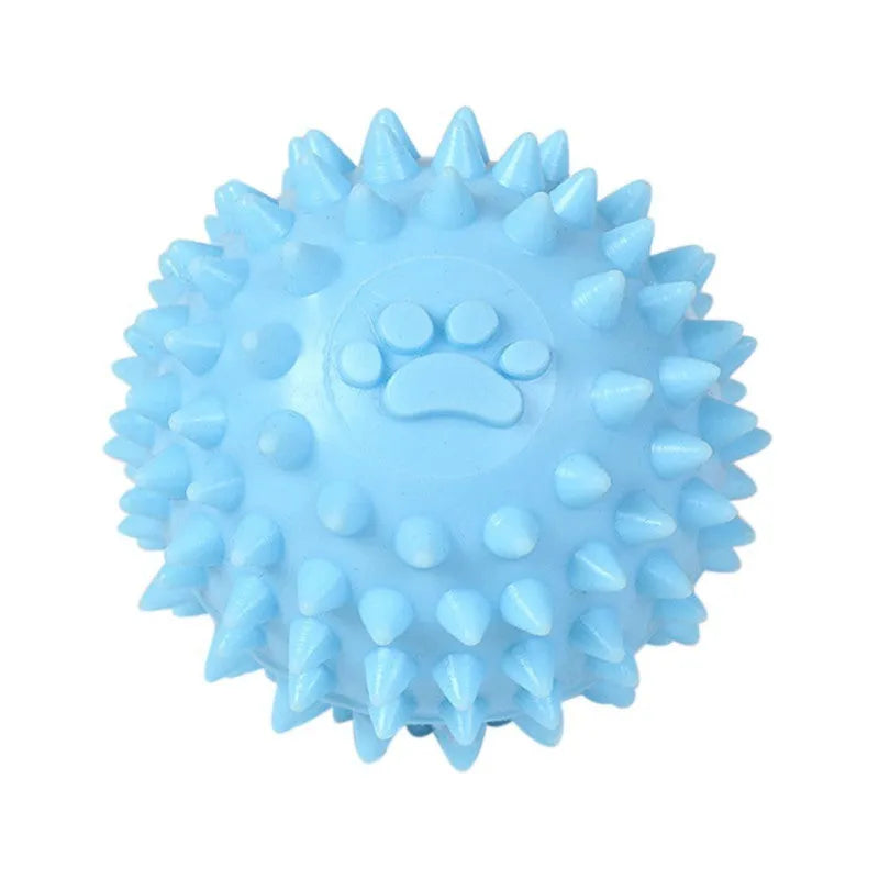 Blue TPR rubber dog chewing ball with footprint texture for dental cleaning, 6cm diameter