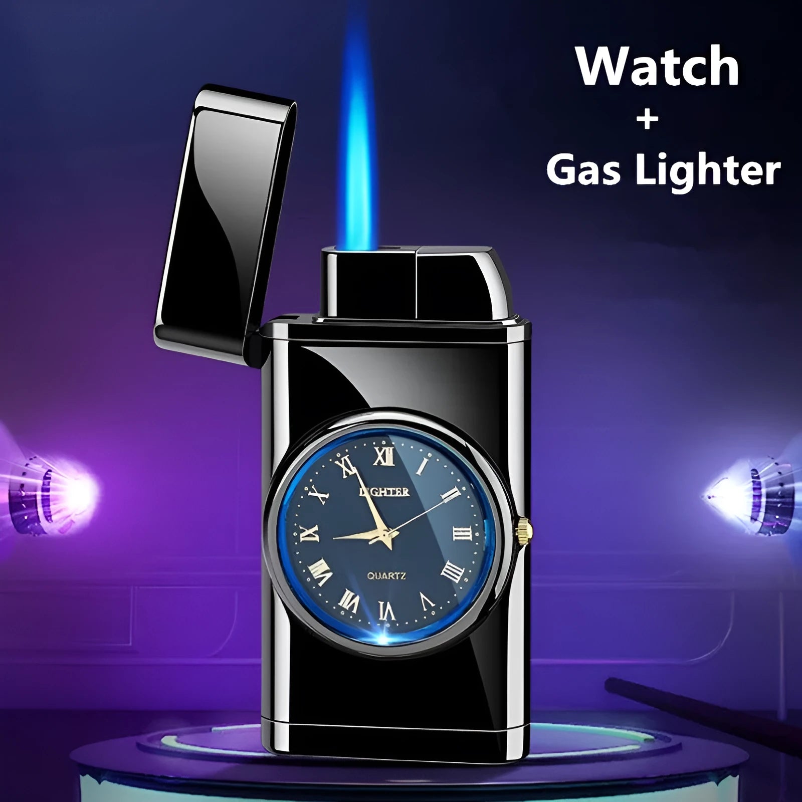 Men's multifunctional metal watch lighter with LED light shown in black brushed finish on wrist.