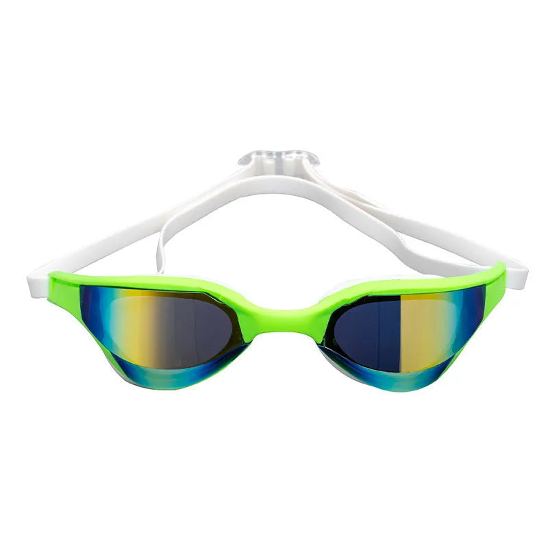 Racing style swimming goggles with mirror lenses and adjustable nose bridge on a blue background.
