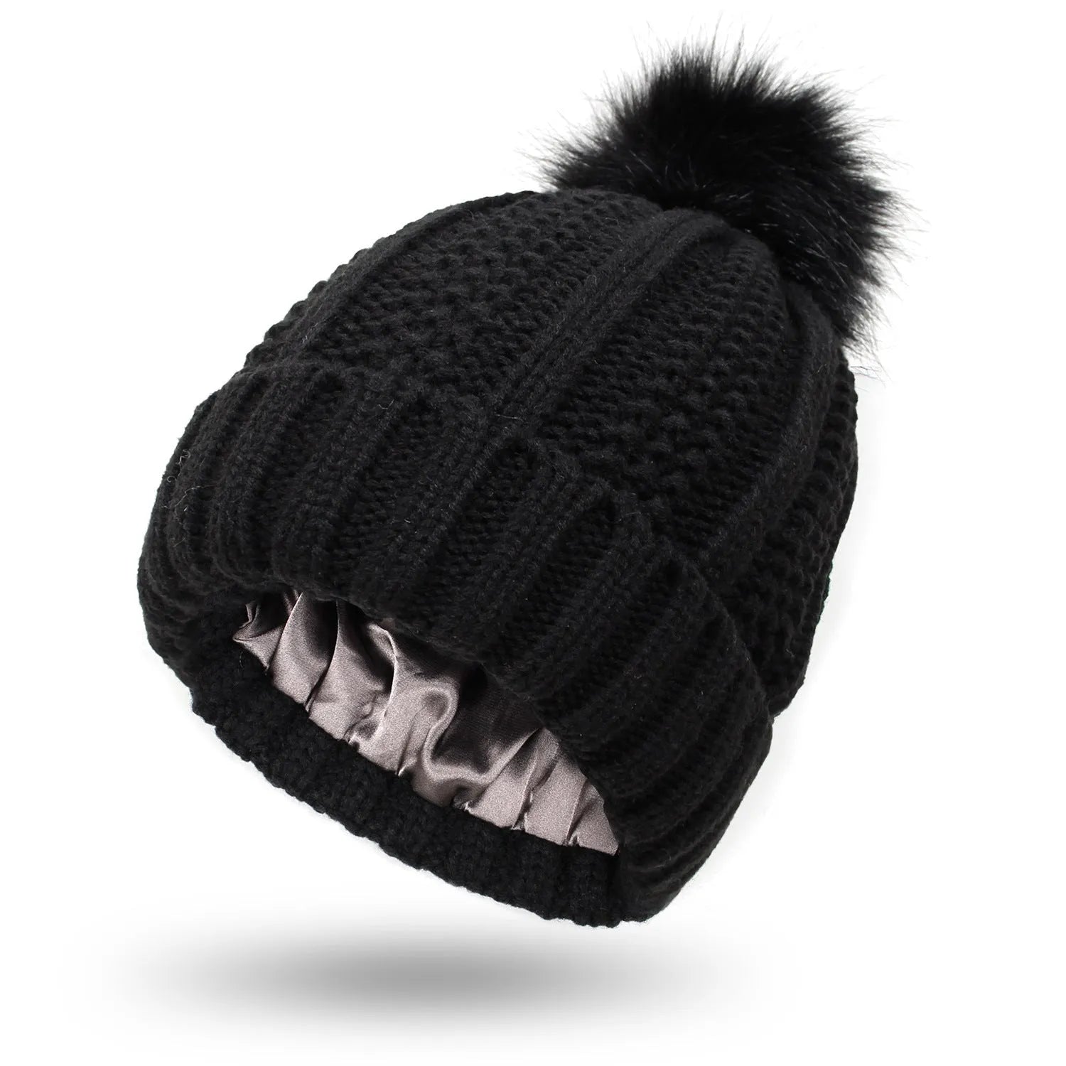 Women's wool beanie hat with satin lining and faux fur pom pom in multiple colours