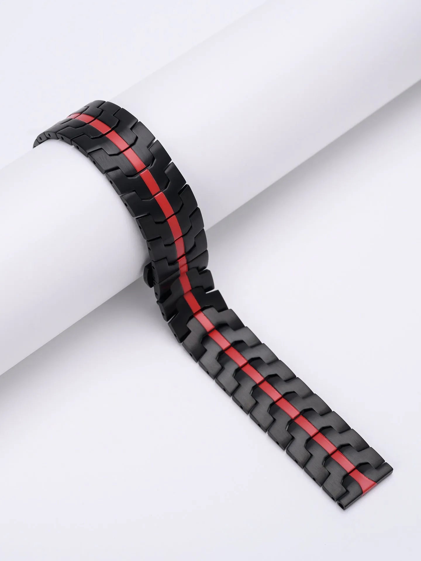 Stainless steel watch band for Samsung Galaxy Watch in silver, black, titanium, blue, and two-tone colour options.