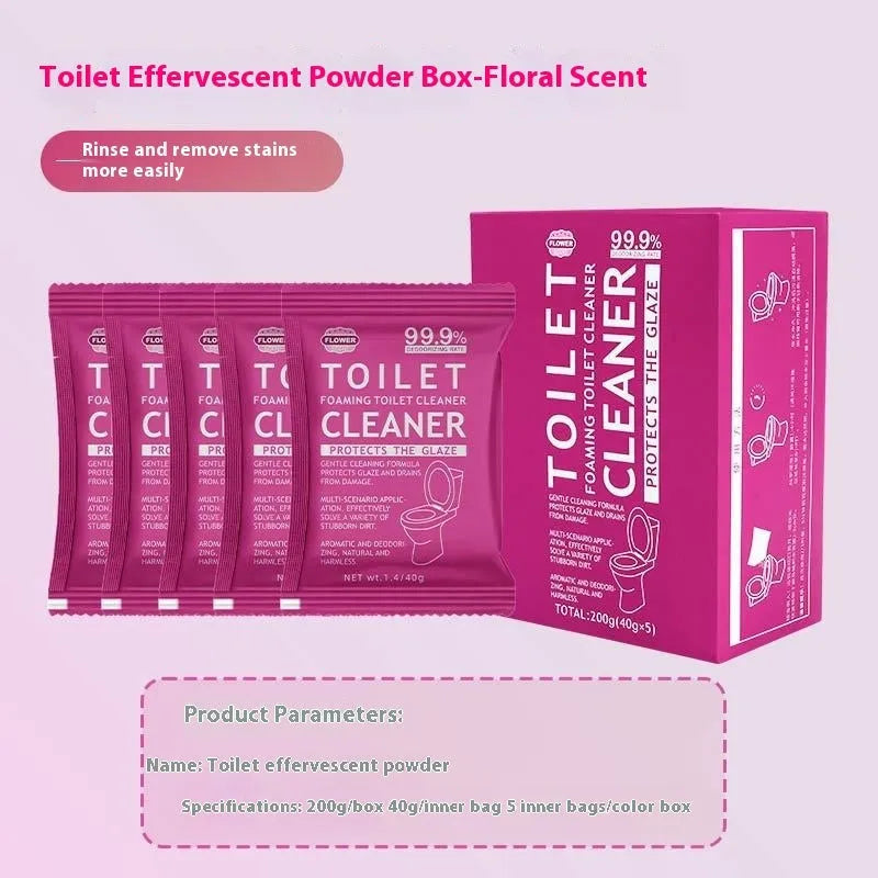 Box and bag of toilet bubble cleaning powder in blue ocean and pink floral fragrance options.