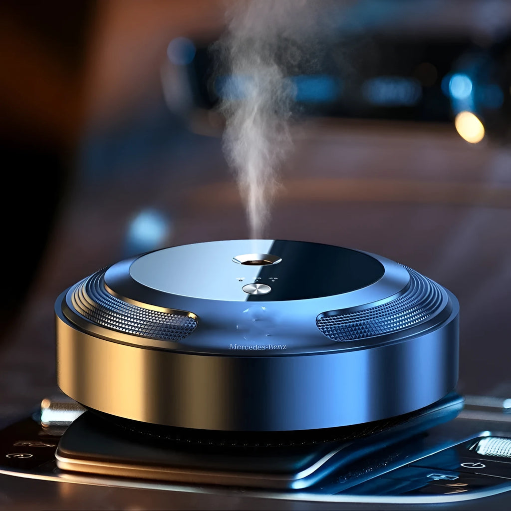 Automatic car air freshener diffuser with metal and zinc alloy build on anti-slip pad.