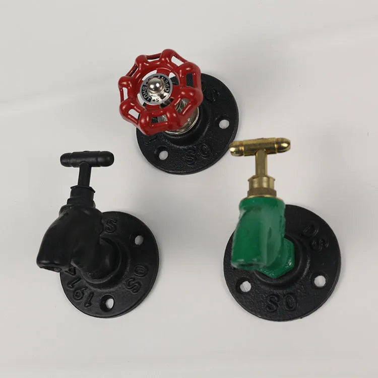 Metal wall hook in water pipe style with polished finish, shown in black, green, and red colour options.