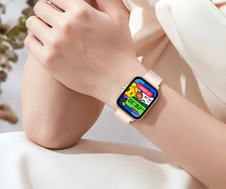 Blue smart watch with 1.7-inch colour touch screen on a wrist, showing fitness data.
