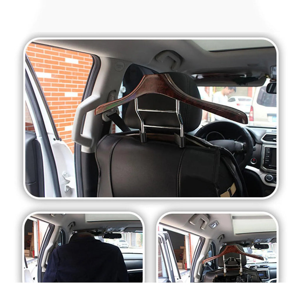 Wood yellow stainless steel car clothes hanger with detachable hooks for seat backs.