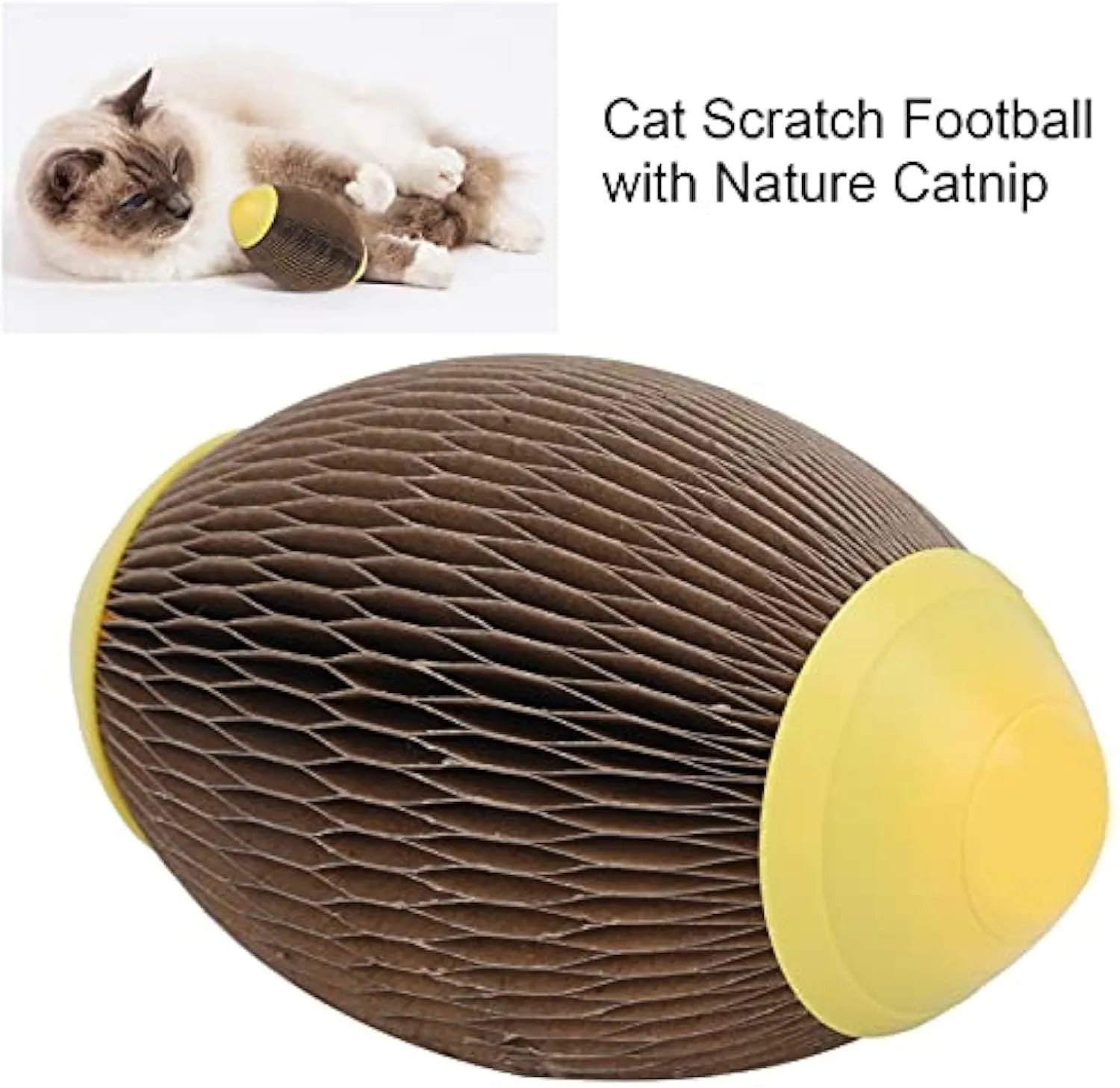 Elliptical catnip ball toy made from recycled corrugated paper with scratch football design