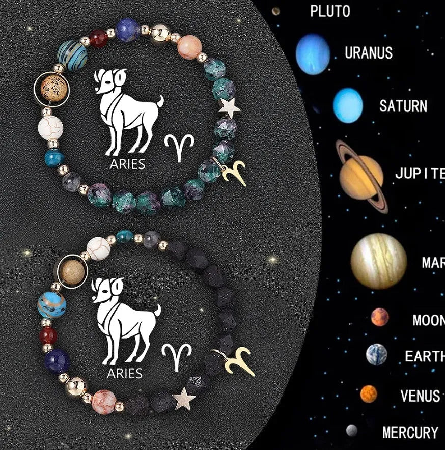 Set of two adjustable natural stone bracelets with zodiac sign charms on beige background
