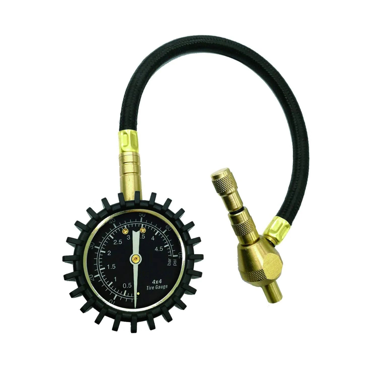Red and black mechanical tyre pressure gauge with analogue dial and deflation button for cars and SUVs.