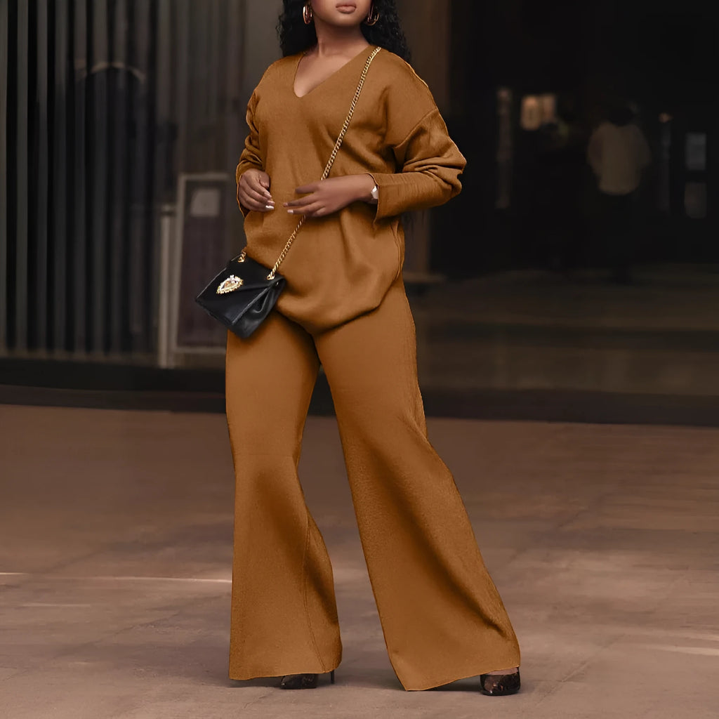 Women's brown suede velvet two-piece lounge suit with split sleeves on the long-sleeved top.