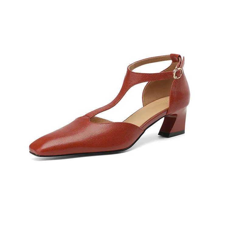 French retro square toe chunky heel wine red sheepskin leather buckle shoes