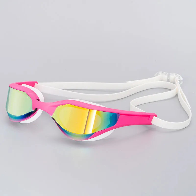 Racing style swimming goggles with mirror lenses and adjustable nose bridge on a blue background.