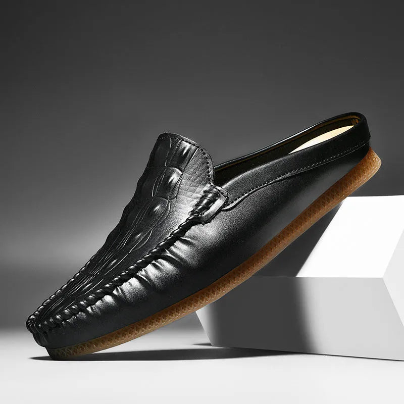 Men's black breathable Gommino semi-slippers with artificial PU upper and rubber sole.