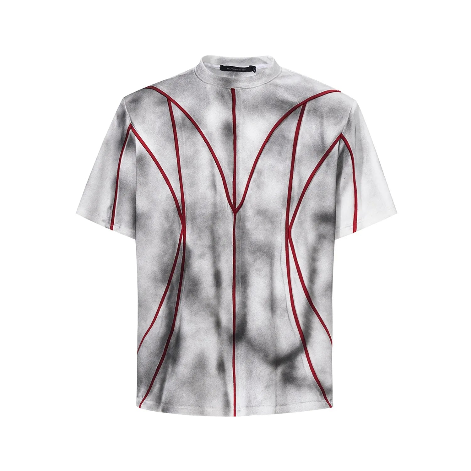 Women's padded shoulder short sleeve t-shirt with three-dimensional patchwork detail and round neck collar