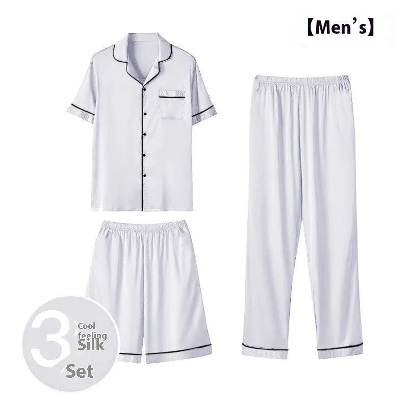 Men's ice silk three-piece homewear set in multiple colours showing top, shorts, and trousers for lounge wear