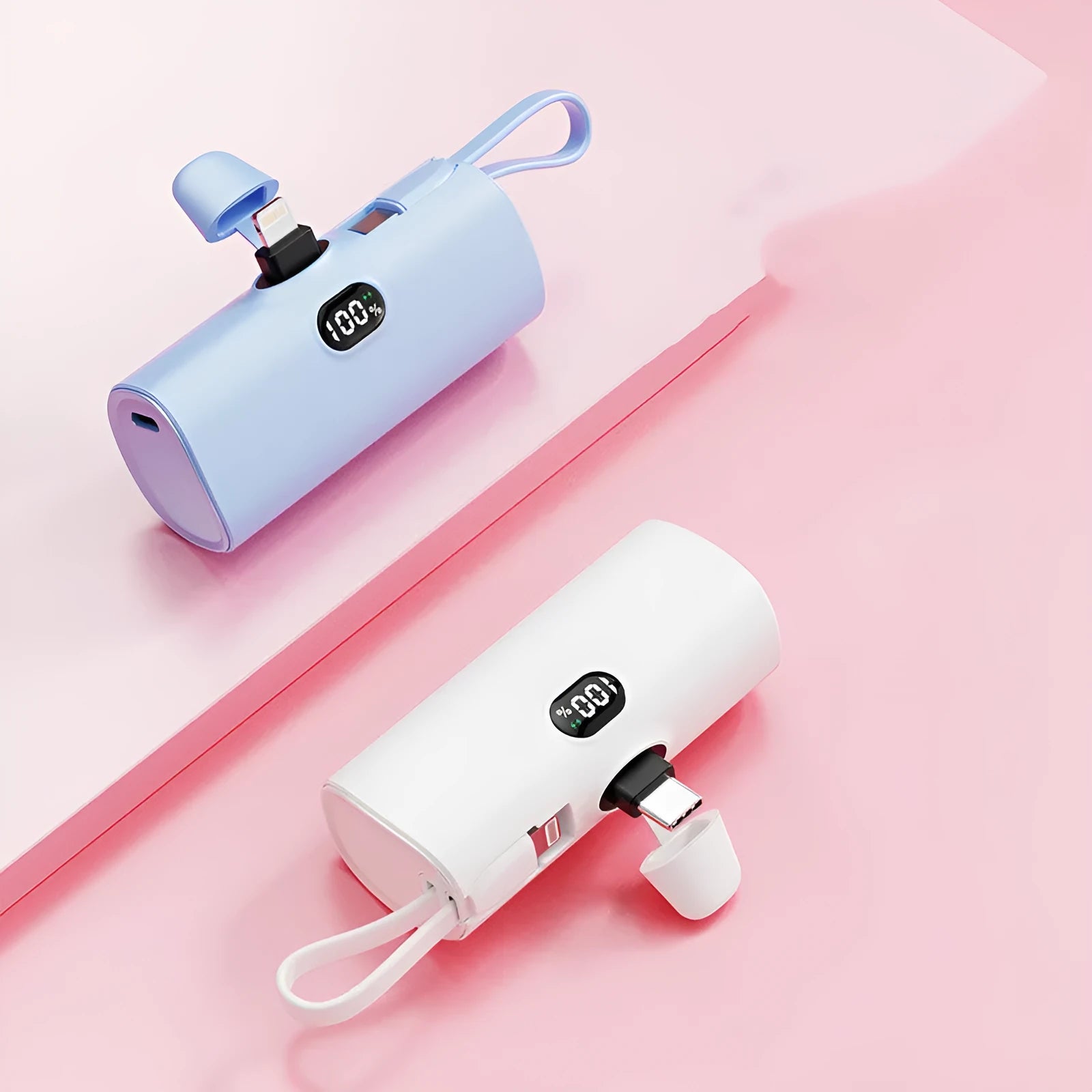 Capsule-shaped wireless power bank with digital display in five colour options
