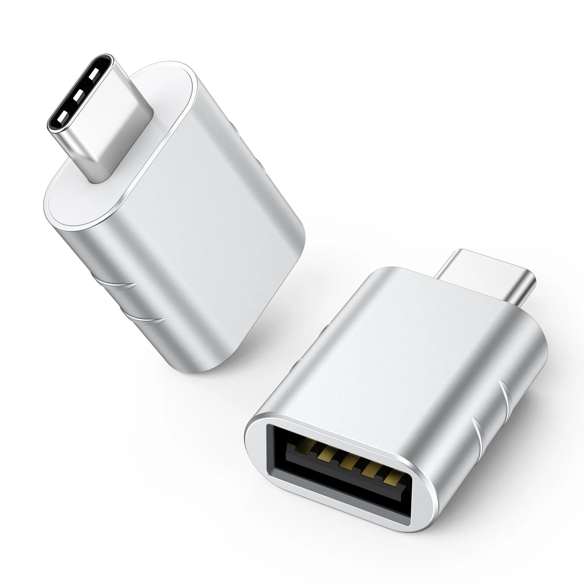 USB converter adapter with zinc alloy shell in various colours including silver, gold, and pink.