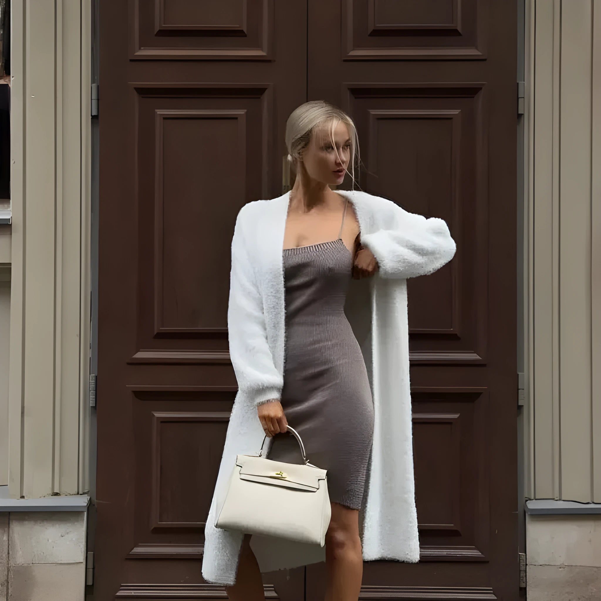 White long knitted cardigan jacket with regular sleeves on a hanger.