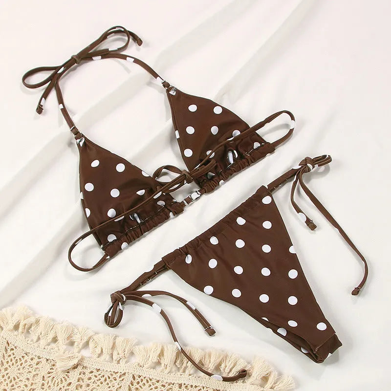 Women's polka dot print split swimsuit bikini in brown dot pattern with matching bra and panties