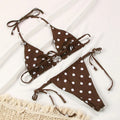Women's polka dot print split swimsuit bikini in brown dot pattern with matching bra and panties