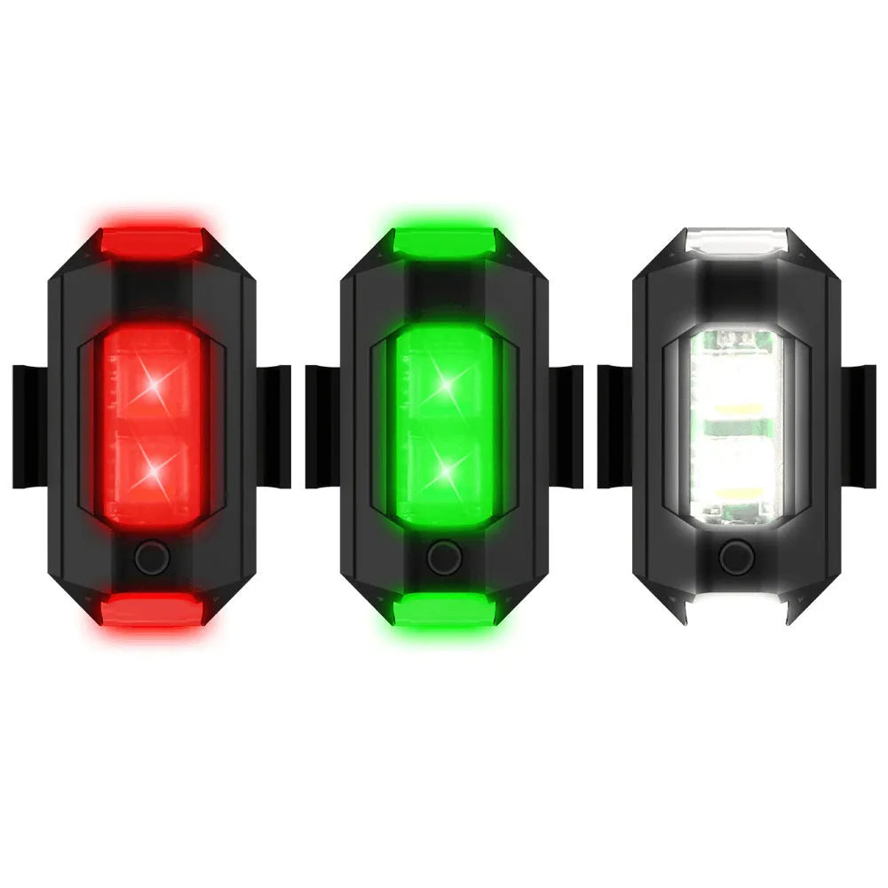 Drone strobe light with RGB LED showing multiple colours, Type-C charging cable, and mounting tape and belts