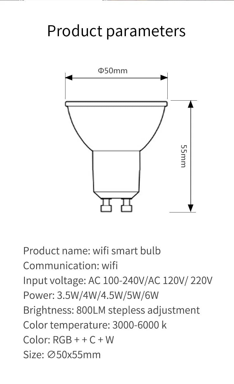 Smart GU10 LED spotlight bulb with RGBCCT colour changing and compact 50x55mm dimensions