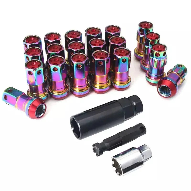 Aluminium alloy flat head wheel nuts in multiple colours with M12 thread for universal vehicle fitment
