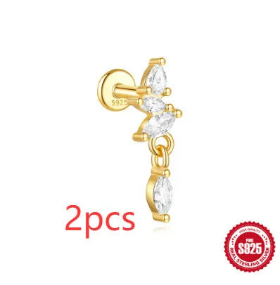 S925 sterling silver geometric moon and star earrings with embedded diamond detailing in gold tone finish