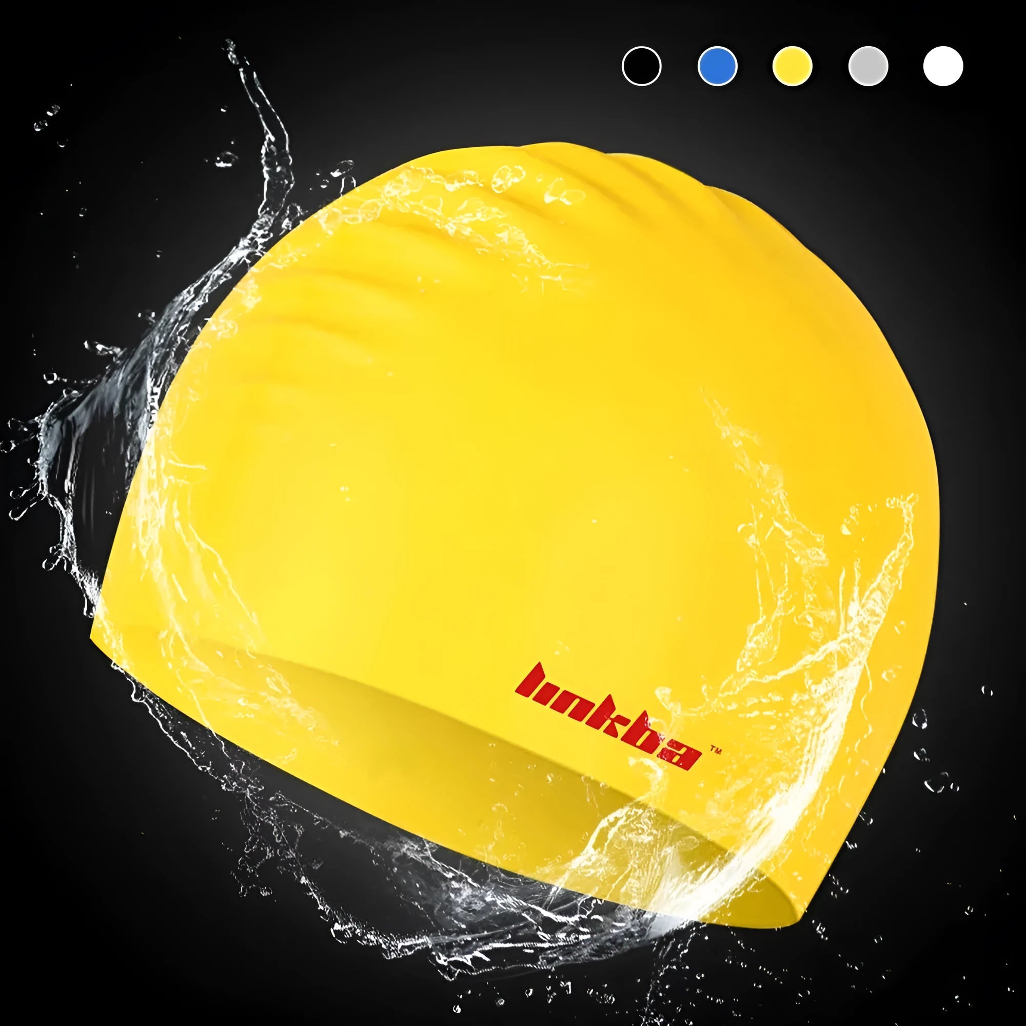 Black silicone swimming cap with white letter pattern and integrated waterproof earmuffs.