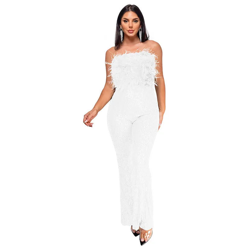 Women's sleeveless backless jumpsuit with flared legs and sequin collar in a selection of colours.