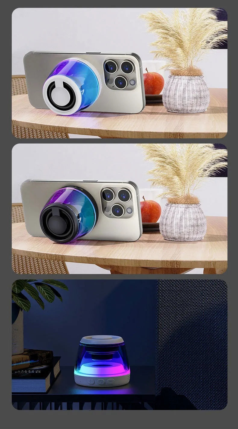 Portable wireless Bluetooth speaker with magnetic base and ambient lighting in black or white colour
