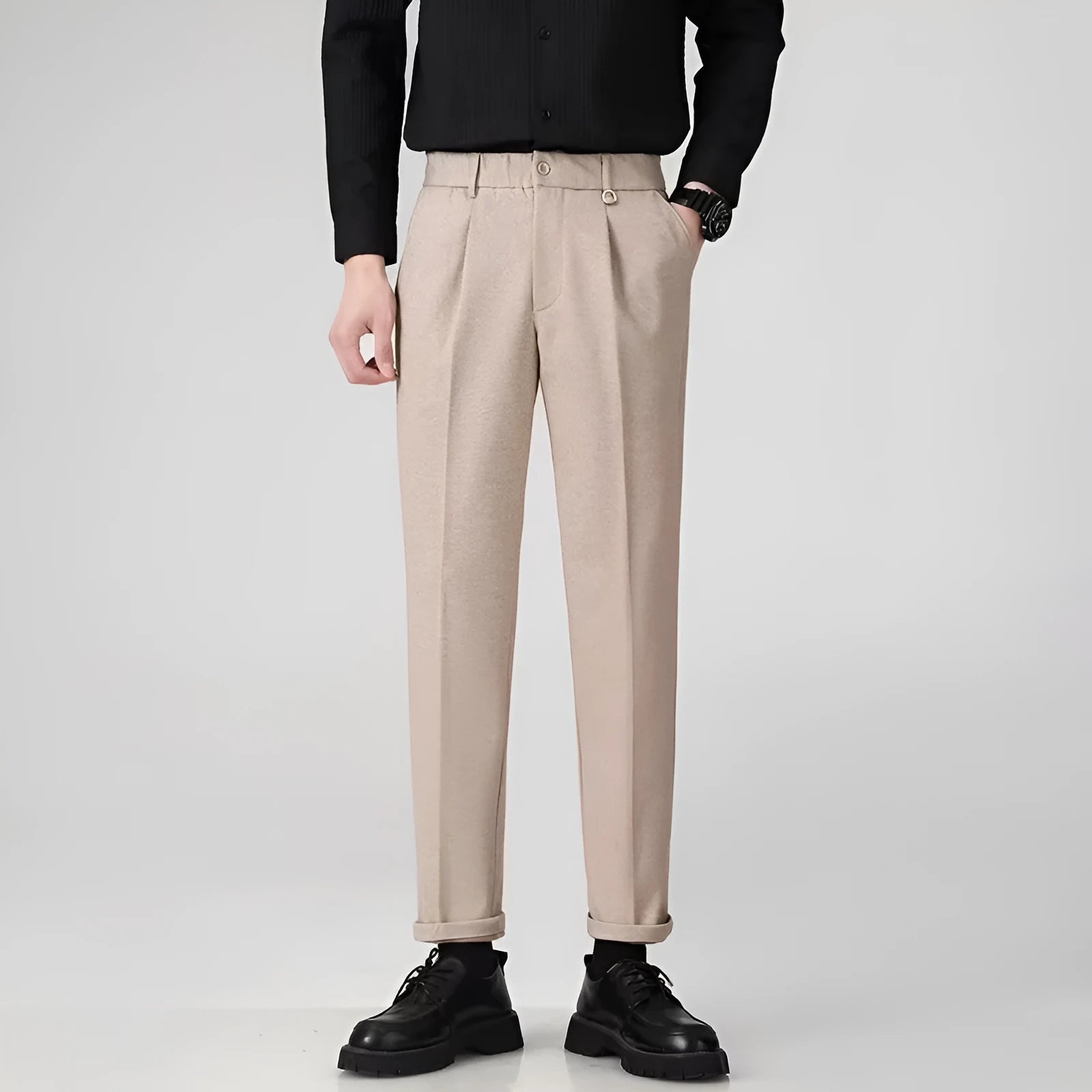 Men's straight-leg trousers in polyester fabric with draped styling for business casual wear