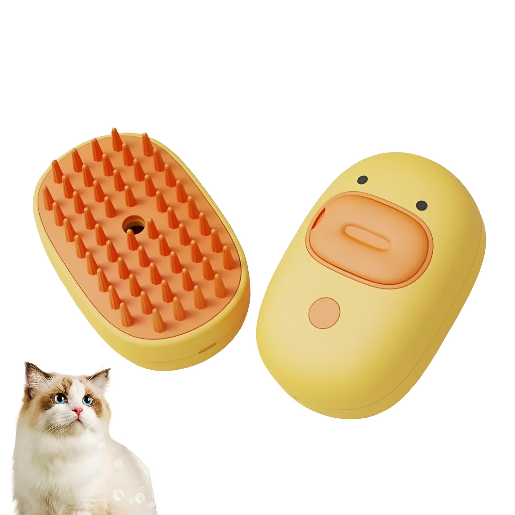 White rechargeable steam pet brush for dogs and cats with rubber comb teeth and water tank
