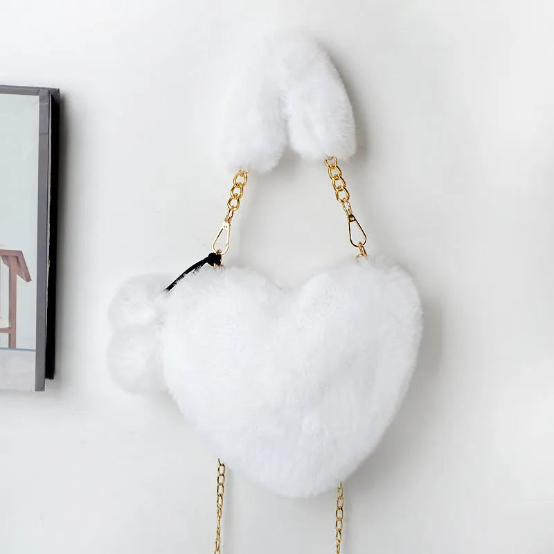 Soft plush heart-shaped women's handbag with zipper closure in various colours