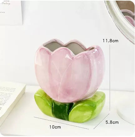 Ceramic flower pen holder storage box with floral pattern, dimensions 11.8x5.8x10cm