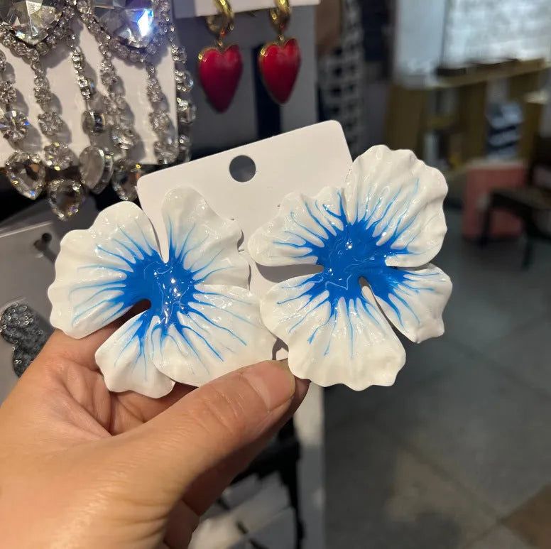 Pastoral style alloy flower stud earrings with electroplated finish and oil-spot glaze texture