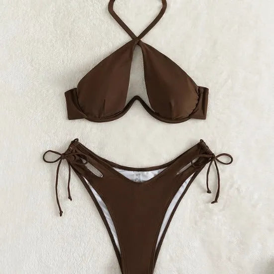 Women's halter-neck bikini swimsuit set in brown, blue, or black with matching briefs