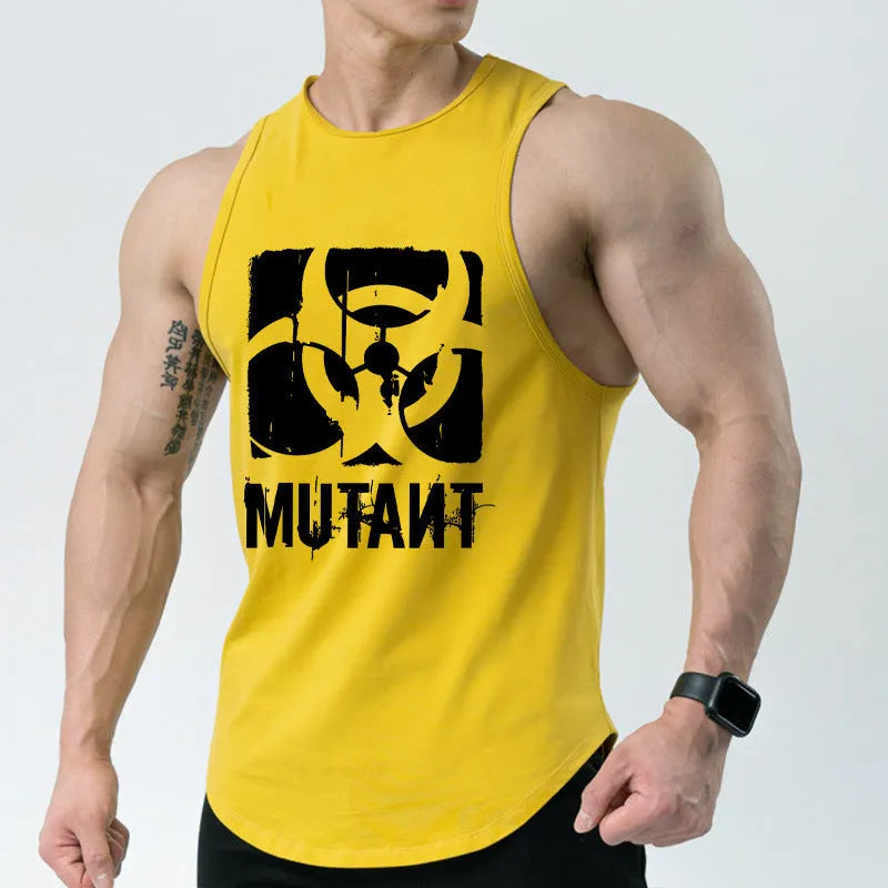 Men's loose training sleeveless shirt vest in multiple colour options including dark blue with yellow mark and red semicircle designs