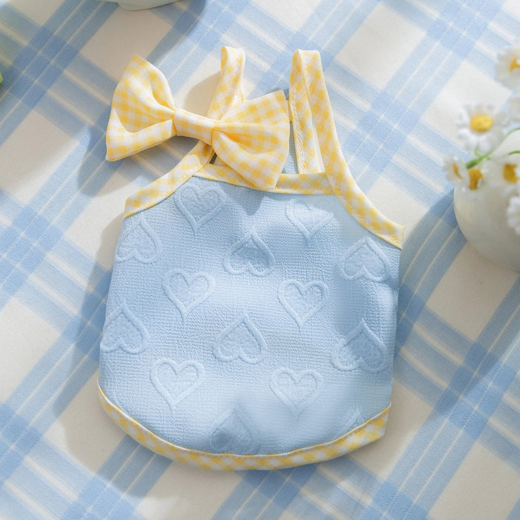 Small dog vest with heart texture and bow suspenders in blue, pink, or yellow with elastic sides