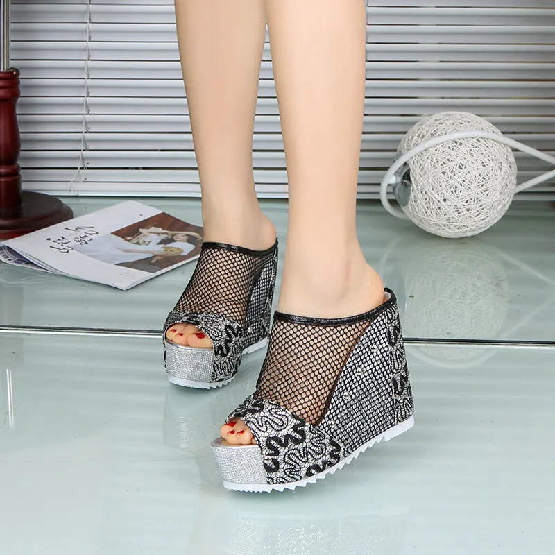 Korean platform flip flops with hollowed-out heel, chunky waterproof sole, and mesh upper in black colour