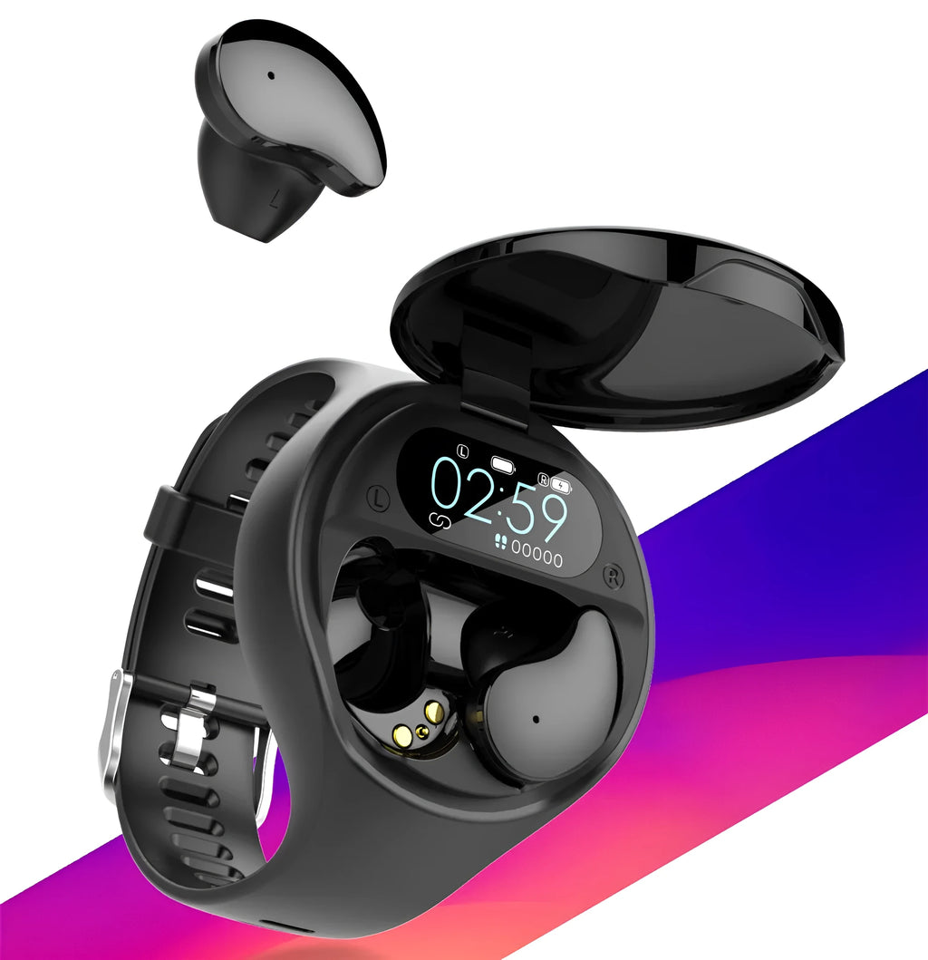 Black detachable smart bracelet and Bluetooth headset combo on a wrist, showing colour screen.