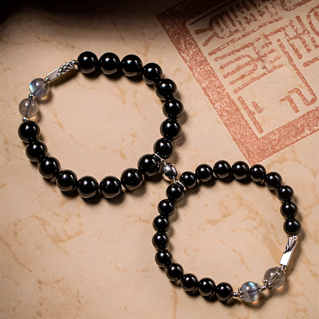 Obsidian Buddha beads couple bracelet DIY set showing 8mm women's and 10mm men's sizes